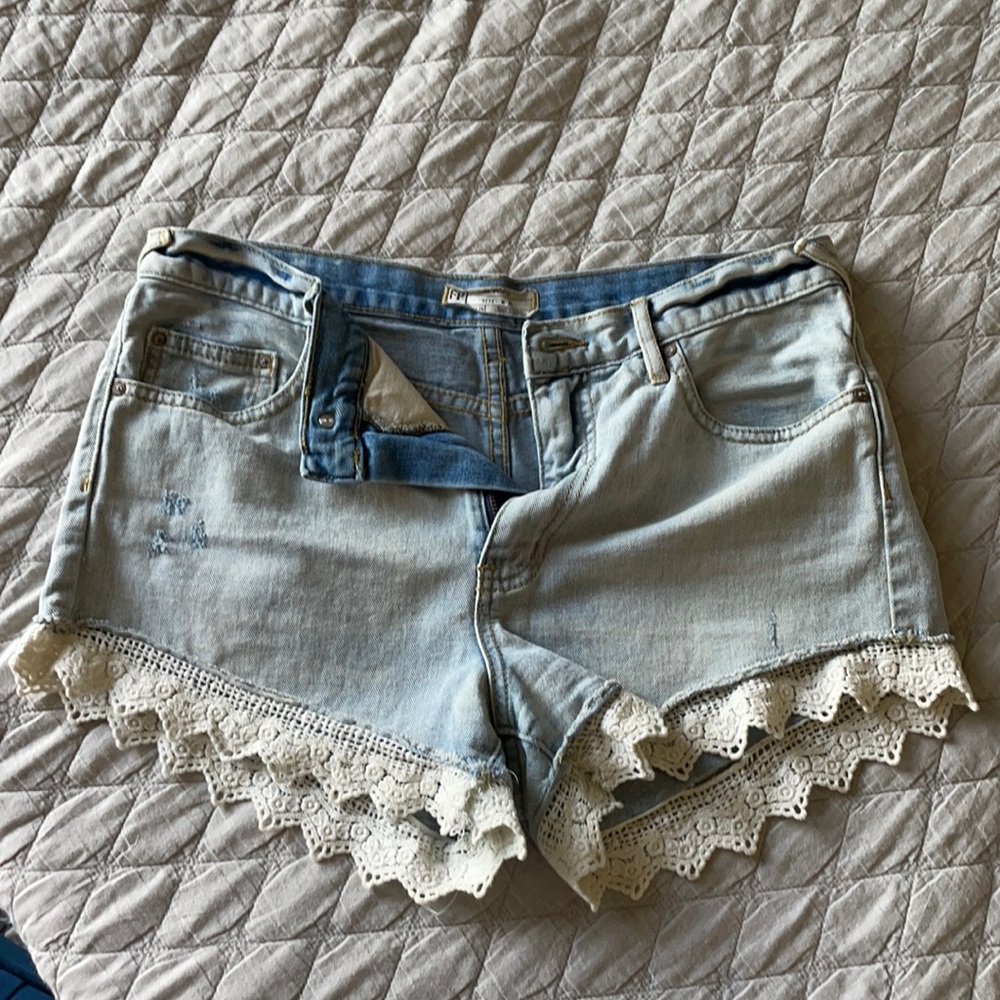 Free People Lacey Denim Cutoff Lace Shorts